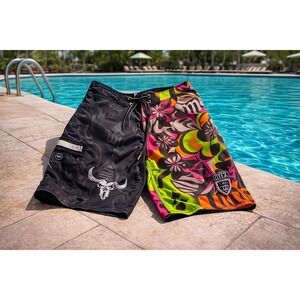 MCD‎ Board Shorts Men's Large Surf Skate Floral Skull Two-Tone Swim Trunks 34–35